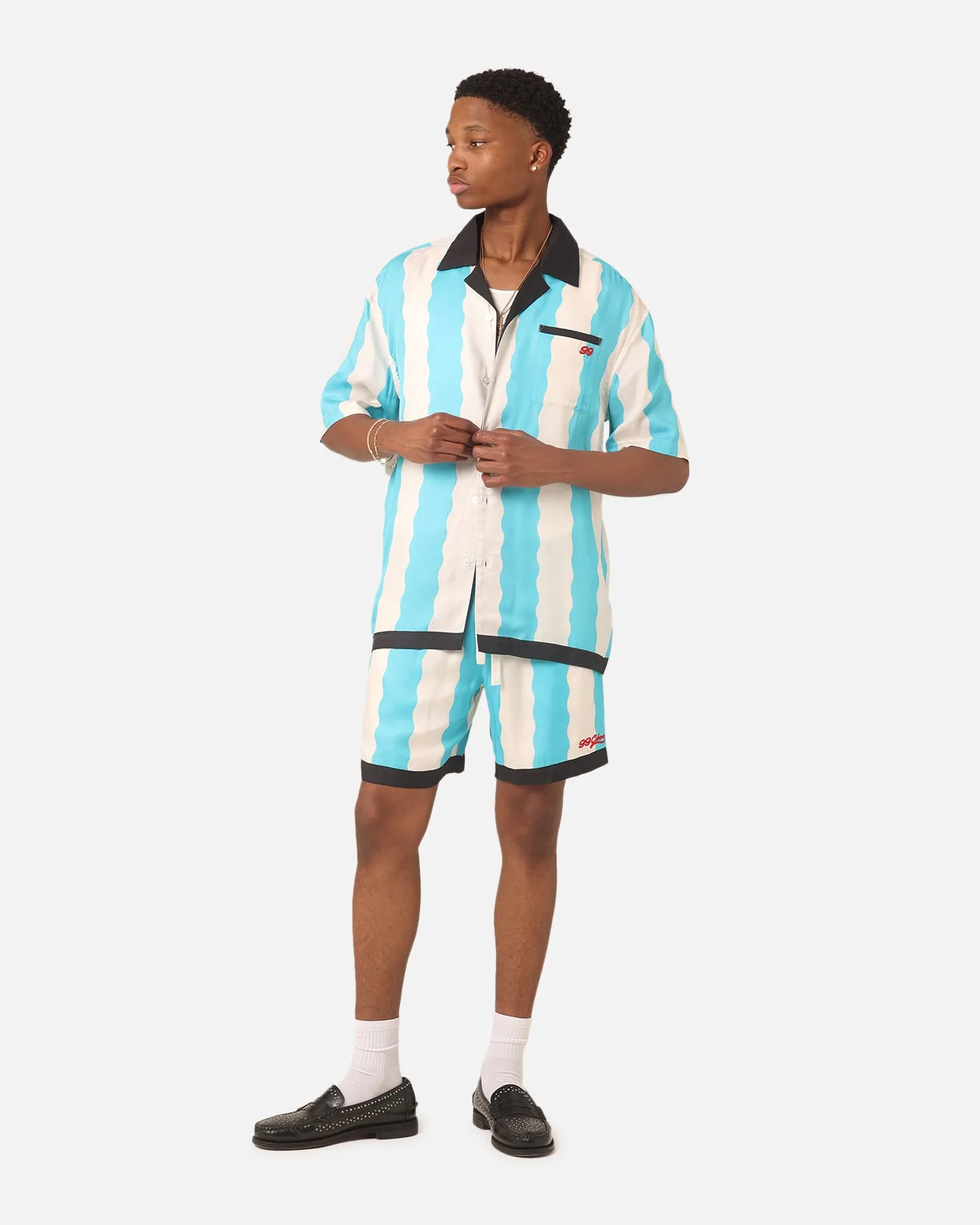 99 Cabana Bowling Short Sleeve Button Up Shirt Light Blue/Off White