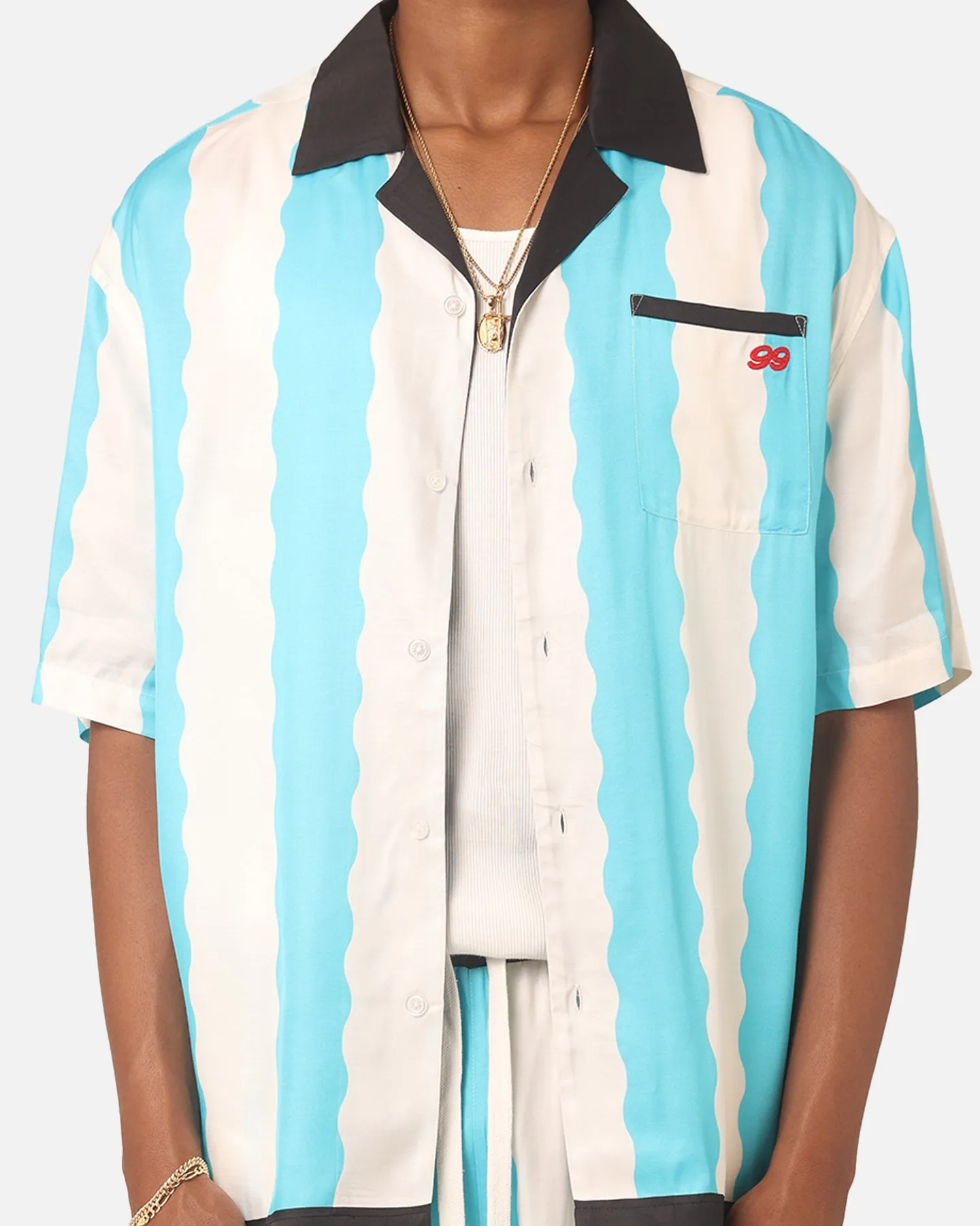 99 Cabana Bowling Short Sleeve Button Up Shirt Light Blue/Off White