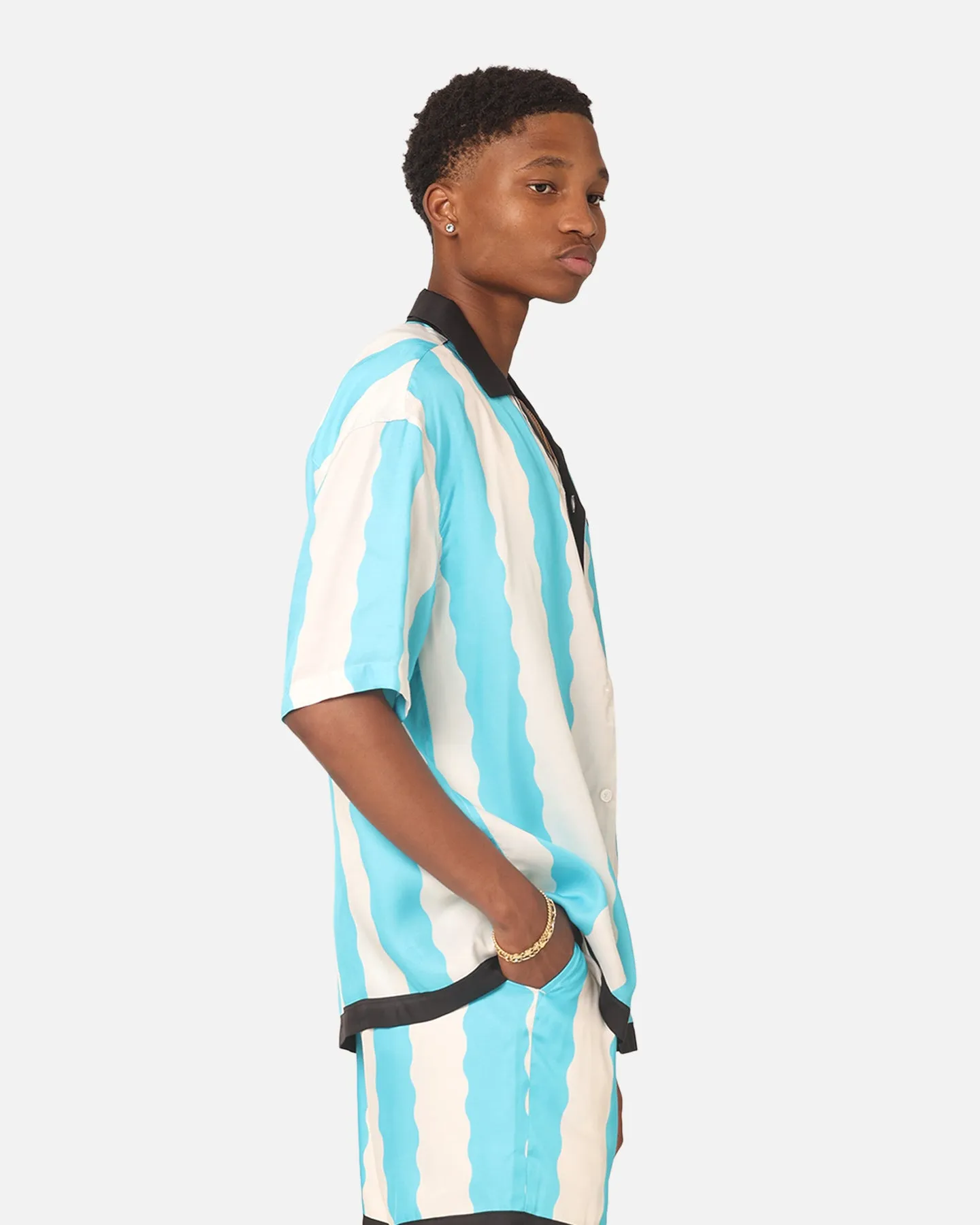 99 Cabana Bowling Short Sleeve Button Up Shirt Light Blue/Off White