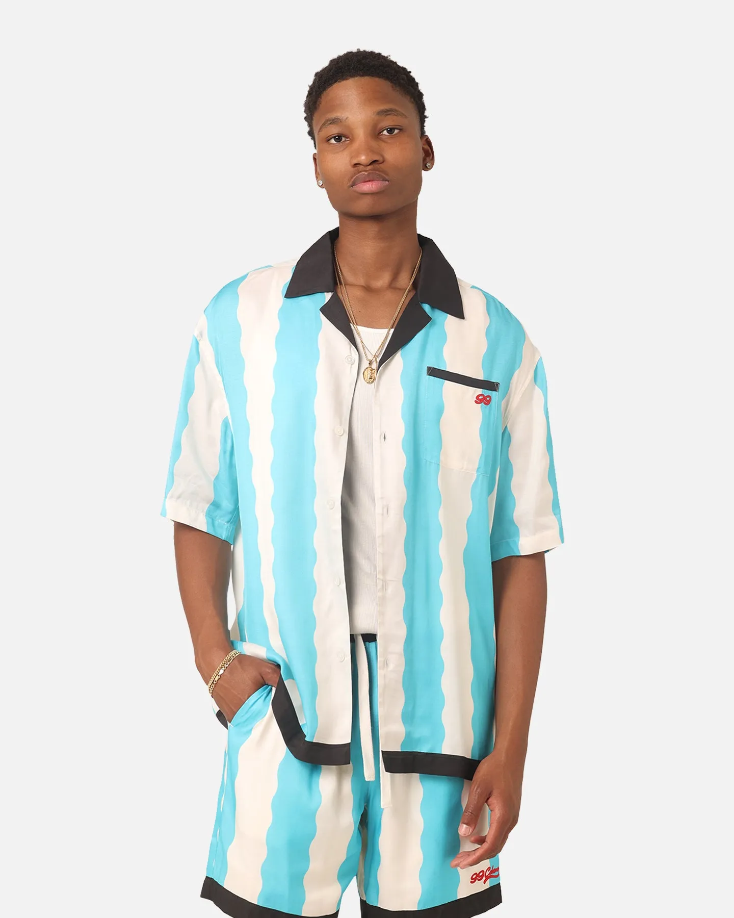 99 Cabana Bowling Short Sleeve Button Up Shirt Light Blue/Off White