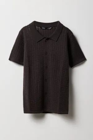 Boys Open Knit Button-Up Top