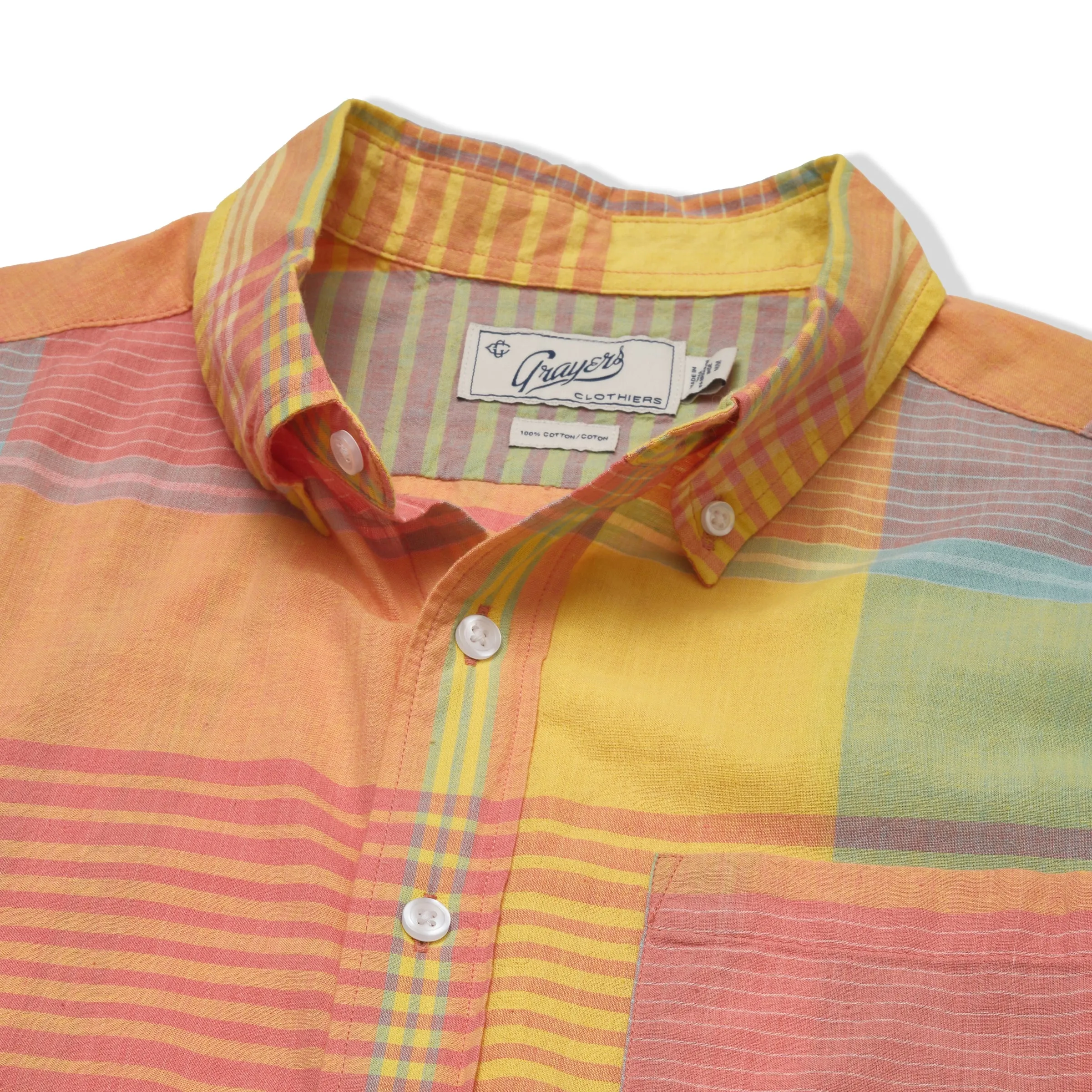 Classic Madras Plaid Short Sleeve Shirt - Orange Yellow Plaid
