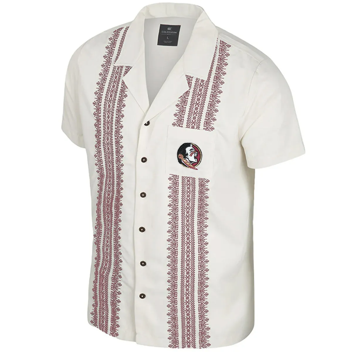 Colosseum Men's Seminole Logo Short Sleeve Embroidered Camp Shirt - Ivory