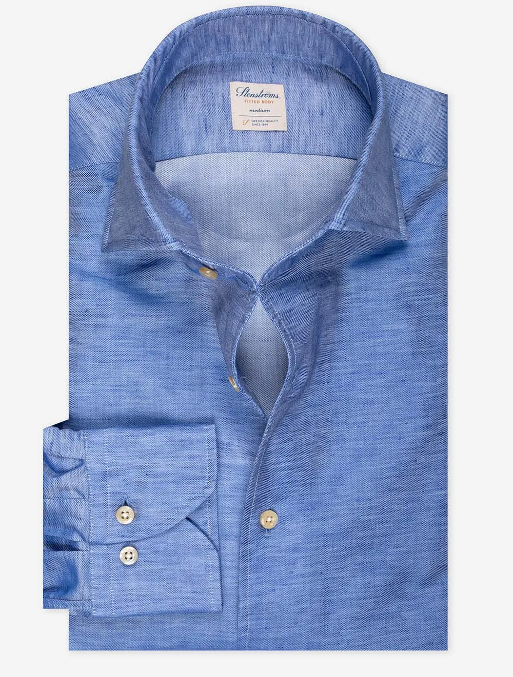 Cotton Linen Blend Fitted Shirt Blue