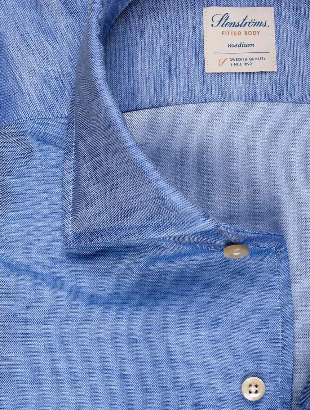 Cotton Linen Blend Fitted Shirt Blue