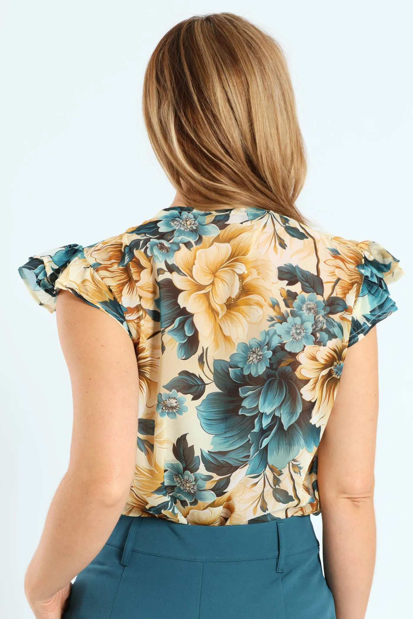 Double Button Keyhole Blouse - Teal