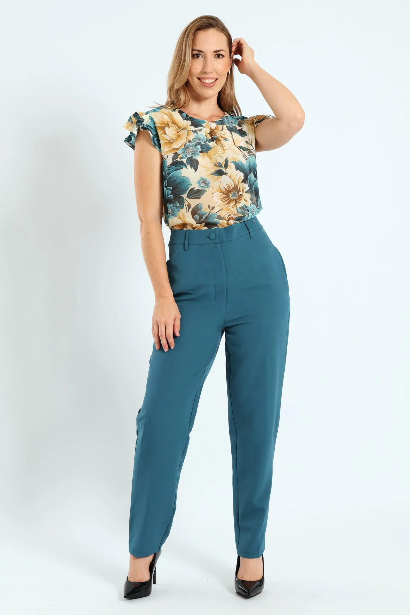 Double Button Keyhole Blouse - Teal