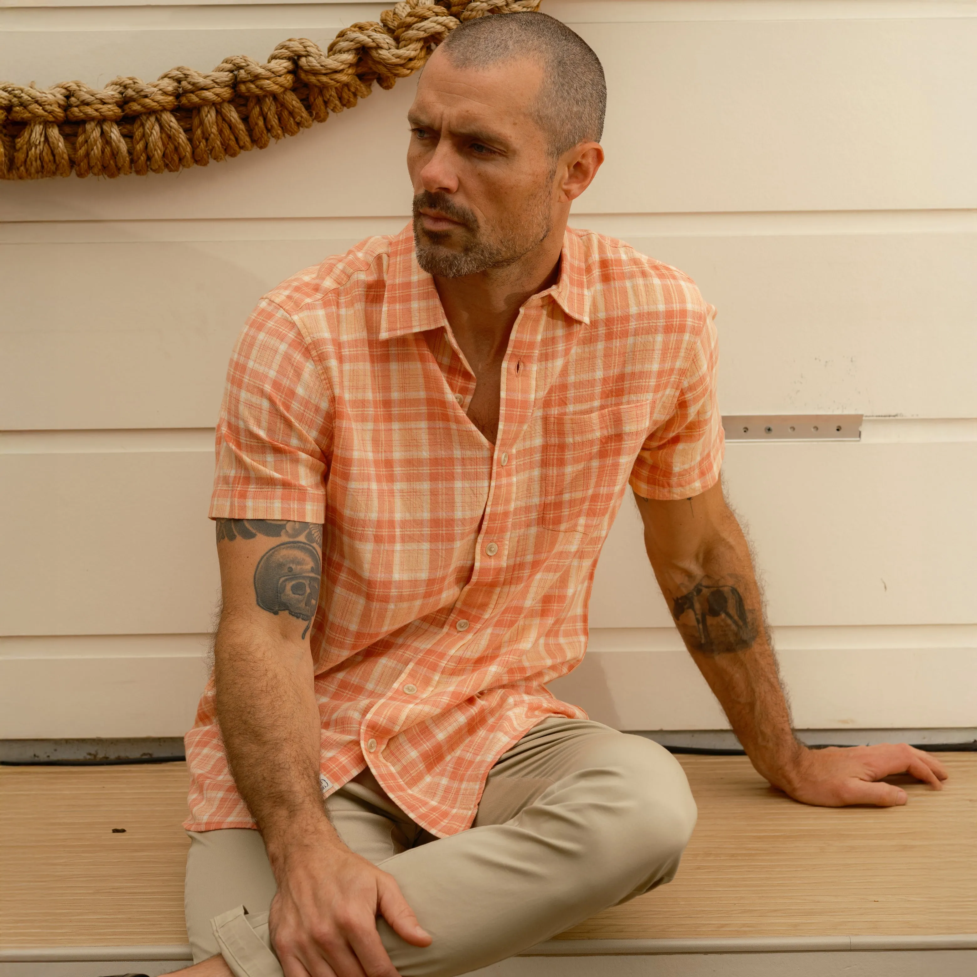 Light Weight Power Loom Short Sleeve Shirt - Auburn Cream Plaid