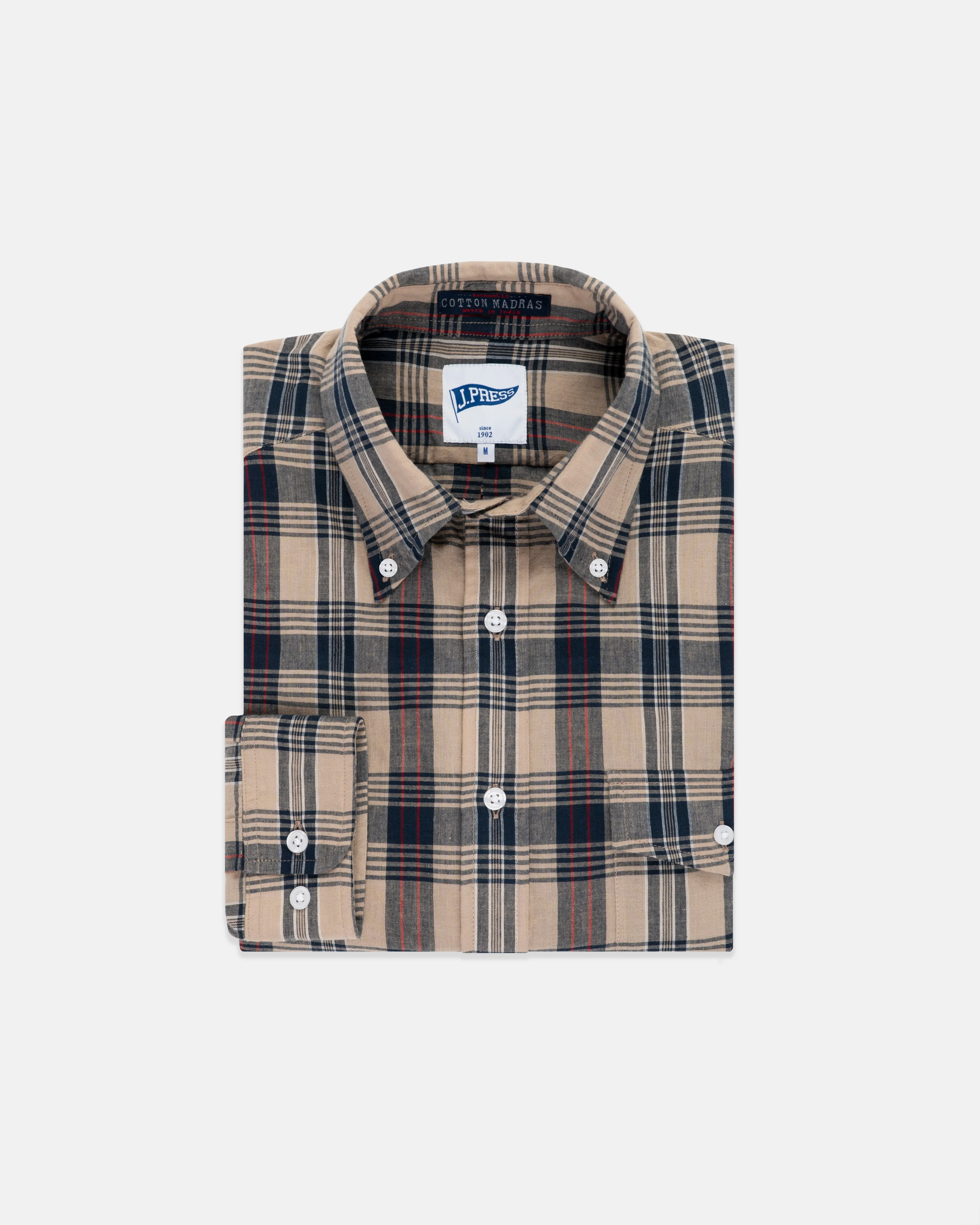 MADRAS LONG SLEEVE SHIRT - TAN/NAVY
