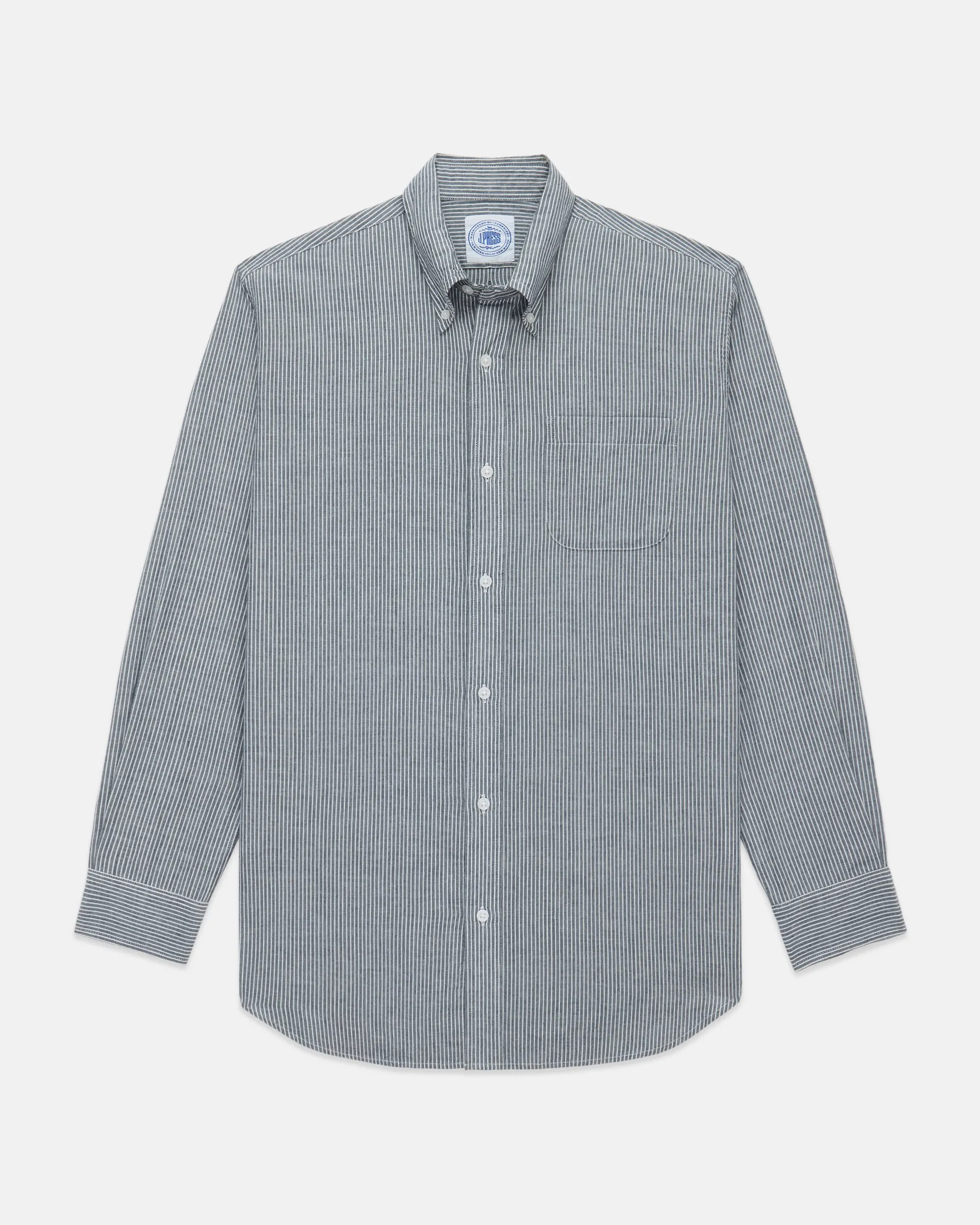 NAVY/WHITE BANKER STRIPE COTTON CHAMBRAY SHIRT