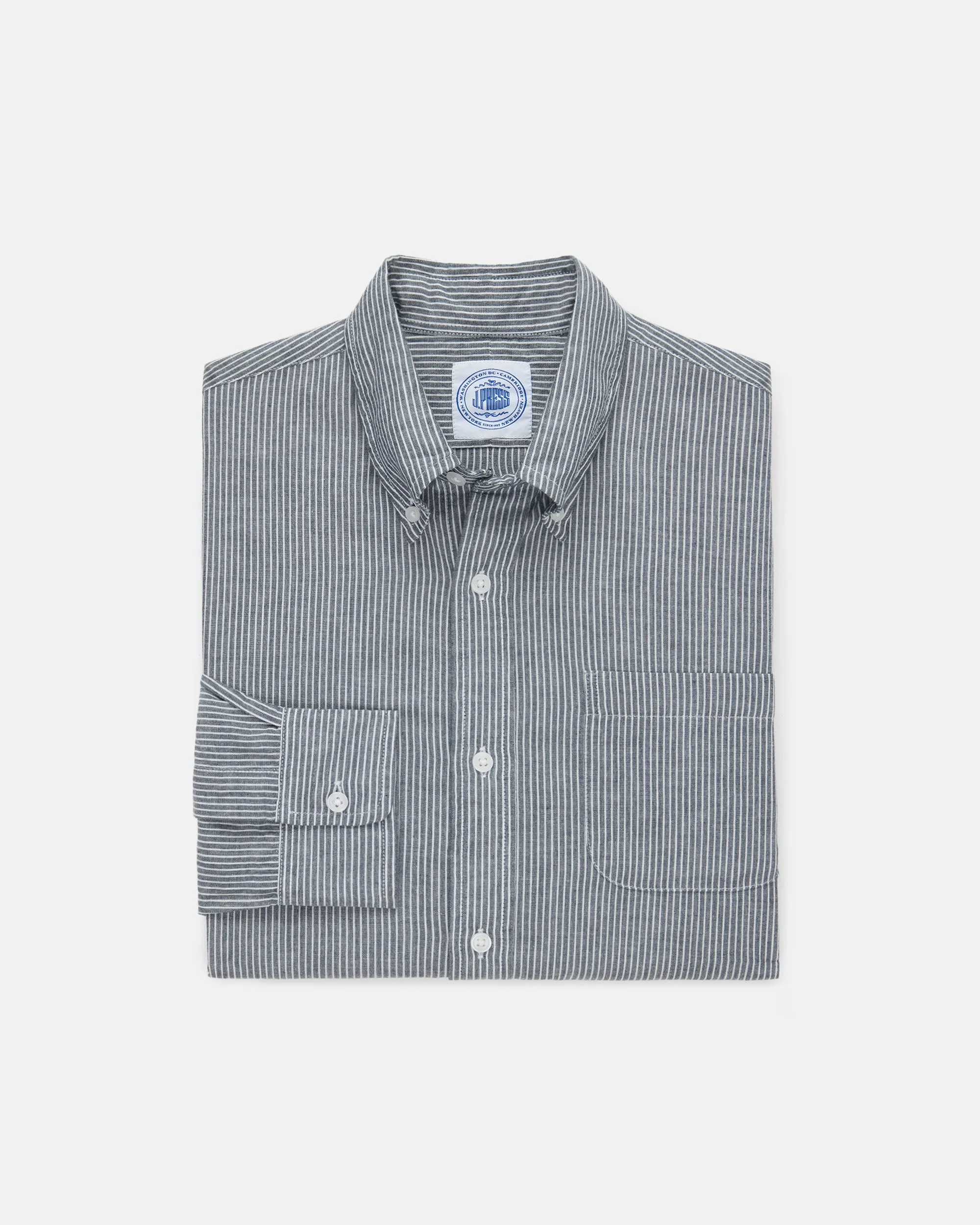 NAVY/WHITE BANKER STRIPE COTTON CHAMBRAY SHIRT