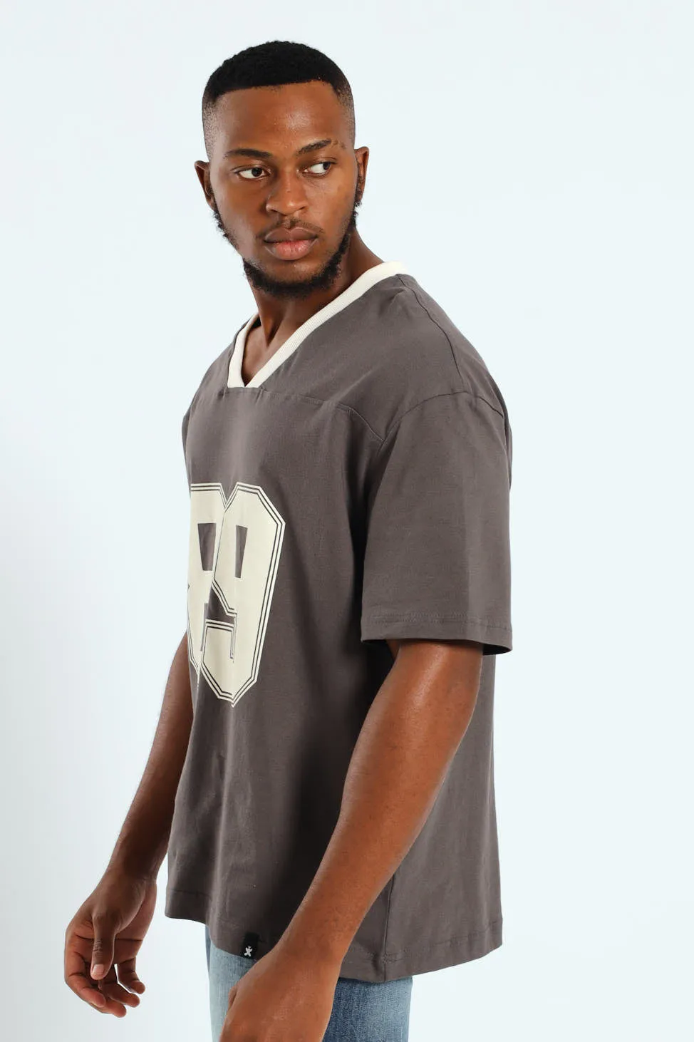 Oversized V-Neck Number Tee - Dark Grey