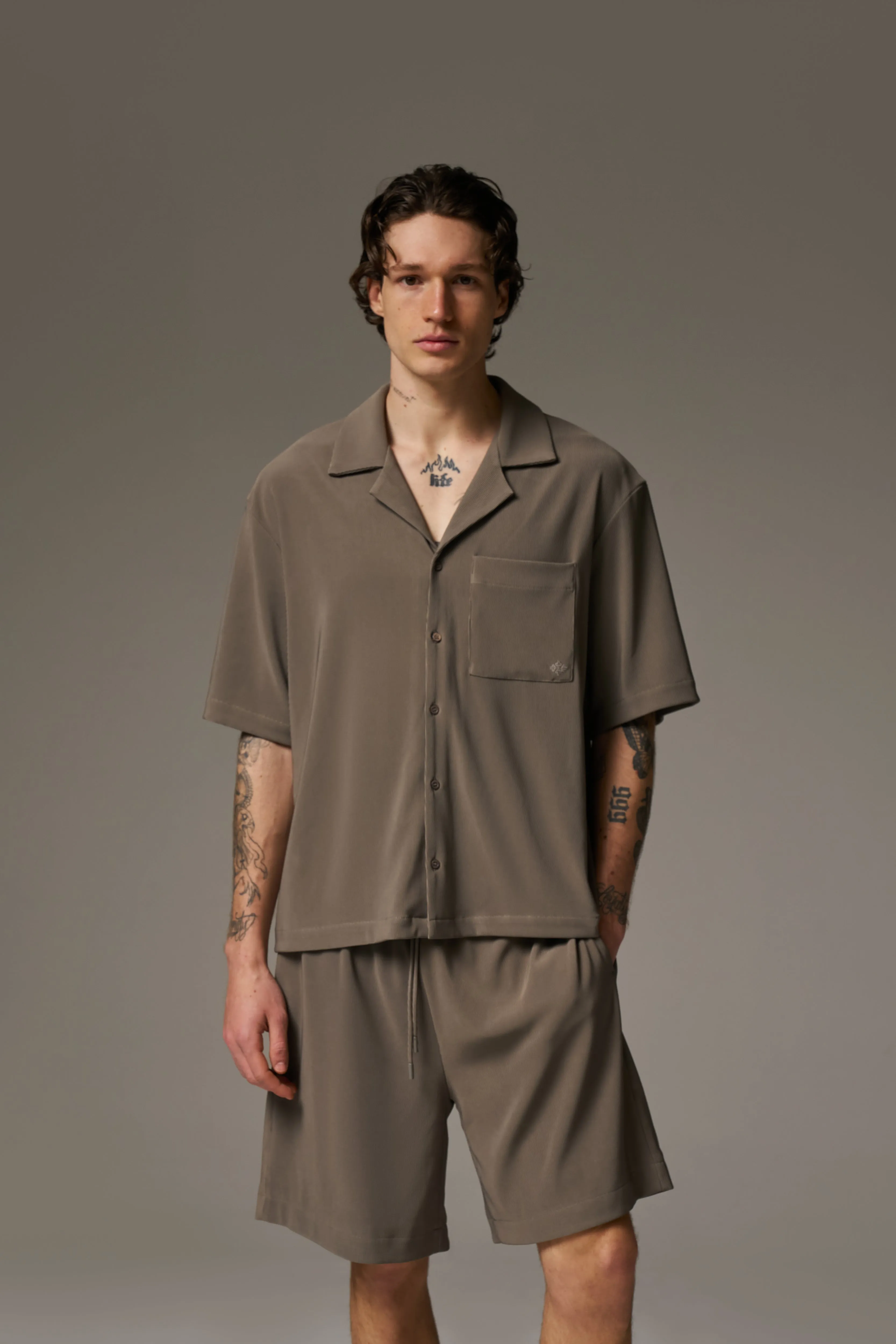 RIB BUTTON THROUGH SHIRT - MINK