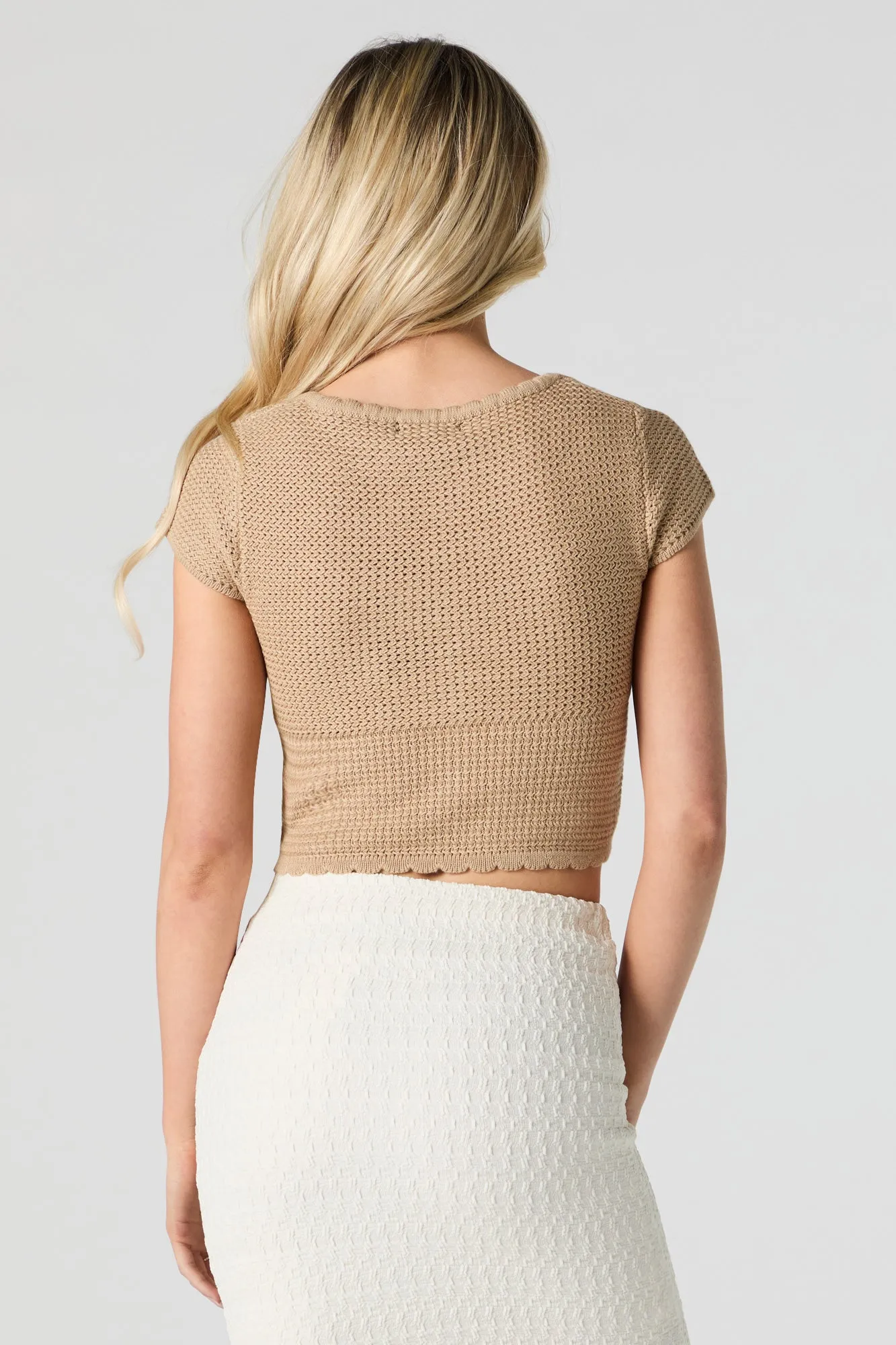 Scalloped Knit Button Front Crop Top