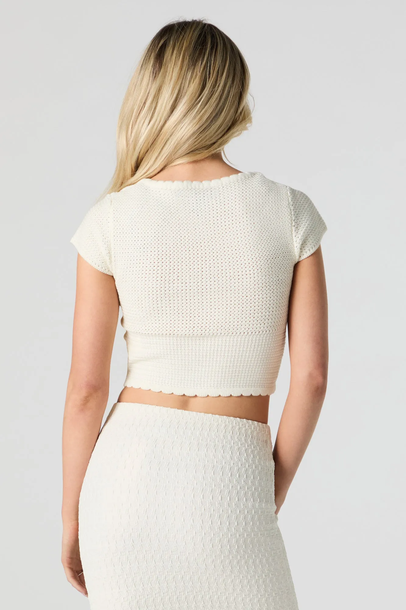 Scalloped Knit Button Front Crop Top
