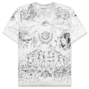 Short Sleeve Printed Crew Neck Mesh Top - Tattoo