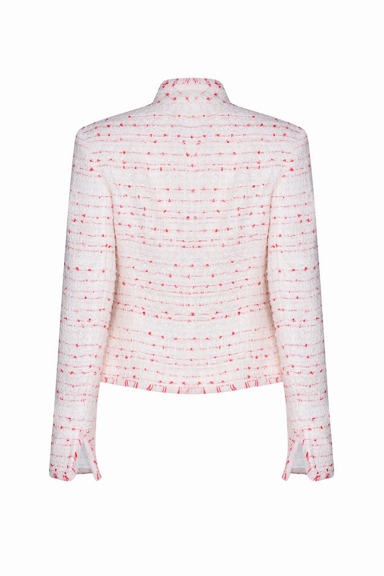 Tweed Peplum Style Jacket in Ivory with Scarlet Tufted Stripes - Margo
