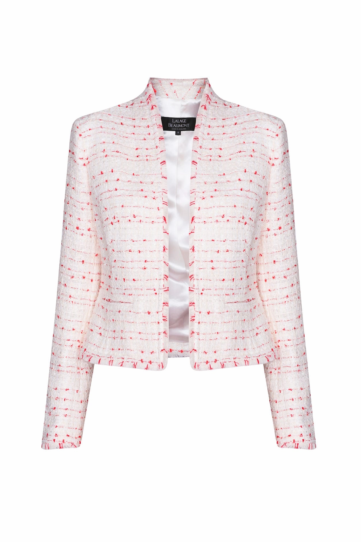 Tweed Peplum Style Jacket in Ivory with Scarlet Tufted Stripes - Margo